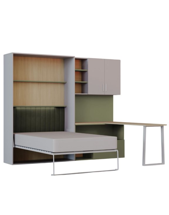 Flexi Bed Lumi – półkotapczan z biurkiem kaszmir i zielony oliwka