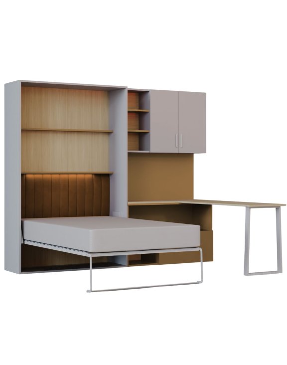 Flexi Bed Lumi – półkotapczan z biurkiem kaszmir i żółty curry