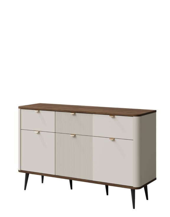 Kaszmirowa komoda zaokrąglona 130 cm z szufladami i szafkami Marly kaszmir/orzech