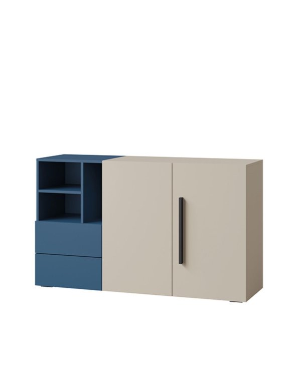 Komoda chłopięca 135 cm z szafką i otwartym regałem (Lorin 7 kaszmir/błękit)
