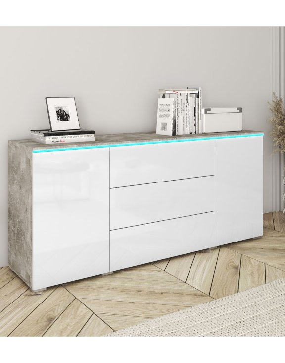 Komoda z szufladami i szafkami Vera 150 cm beton/biały połysk