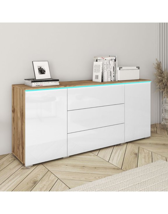 Komoda z szufladami i szafkami Vera 150 cm dąb wotan/biały połysk
