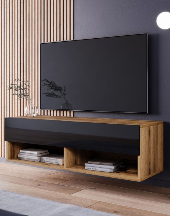 Szafka pod telewizor 100 cm wisząca/stojąca dąb wotan/czarny połysk Lowboard A