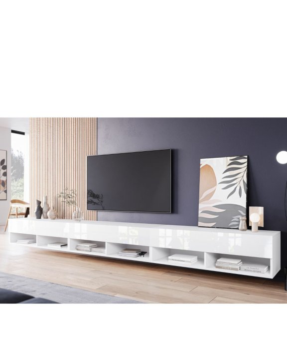 Szeroka szafka RTV 300 cm biały połysk Lowboard A (LOWA30000 + LED)