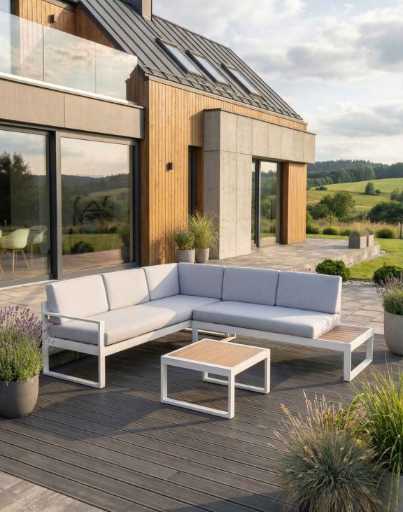 Narożnik ogrodowy Loreto White 5-osobowy ze stolikiem – aluminium, biały