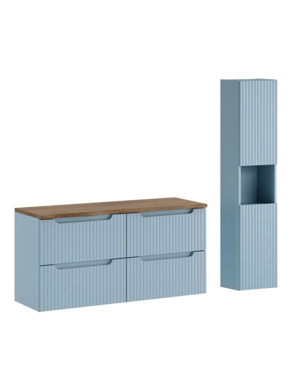 Niebieskie meble łazienkowe: szafka umywalkowa 120 cm z blatem i wysoki słupek Nova Denim (set-nod b nat casella 120cm s hc)