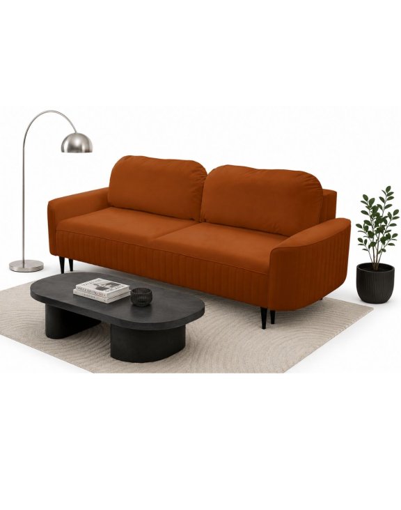 Tapicerowana sofa Vena z ozdobnymi przeszyciami, z funkcją spania i pojemnikiem 224 cm