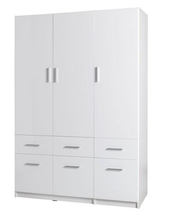 Szafa 3-drzwiowa Snow 04 (3D6SZ) z 6 szufladami – biała, wysoki połysk