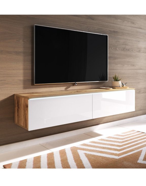 Szafka RTV LED 140 cm wisząca lub stojaca dąb wotan/biały połysk Lowboard D