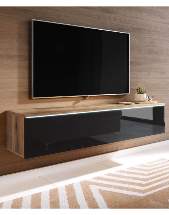 Szafka RTV LED 140 cm wisząca lub stojaca dąb wotan/czarny połysk Lowboard D