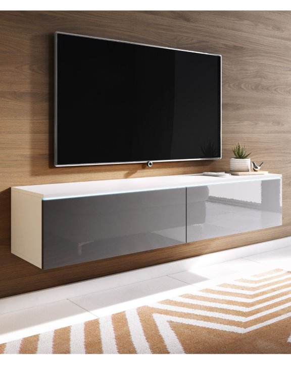 Szafka RTV LED 140 cm wisząca lub stojaca biały/szary połysk Lowboard D