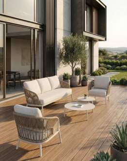 Set de grădină Adora: canapea pentru 3 persoane + 2 fotolii + 2 măsuțe, ivoar/bej