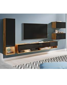 Wisząca meblościanka do salonu dąb wotan/czarny połysk Amadeo (AMDWE01)