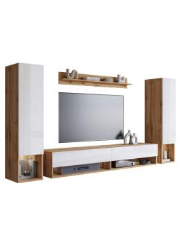 Meblościanka podwieszana RTV zestaw mebli telewizyjnych Amadeo II dąb wotan/biały połysk (AMD02W0)
