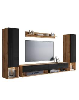 Meblościanka podwieszana RTV zestaw mebli telewizyjnych Amadeo II dąb wotan/czarny połysk (AMD02WE)