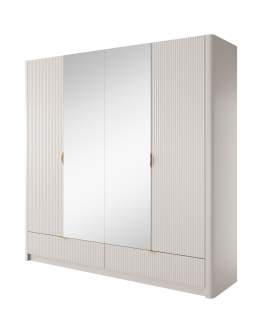 Beżowa szafa do sypialni z lustrem, szufladami i fyrflowanymi frontami Lante H 213