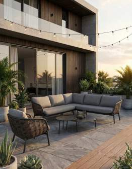 Zestaw ogrodowy Borneo: narożnik, fotel i 2 stoliki