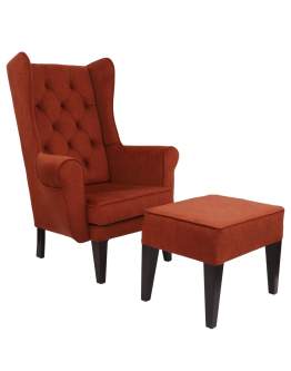 Zestaw: fotel Uszak Chesterfield + pufa Uszak Tkanina Strong 06, Drewno 9.Wenge