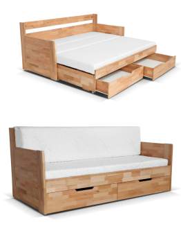 Divan extensibil cu 2 sertare Duo C, lemn masiv (90-180 cm)