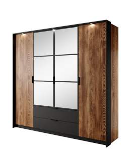 Duża szafa z lustrem i szufladami do sypialni Milton A 220 cm - kasztan + antracyt