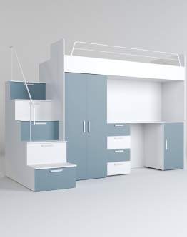 Patrová postel Raj 4 s šatní skříní a psacím stolem + schody s úložným prostorem