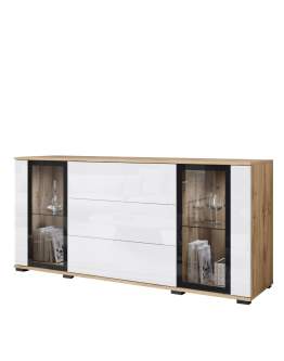 Komoda dąb wotan/biały połysk z szufladami i witrynami Caro SB150 (CARS150W0)