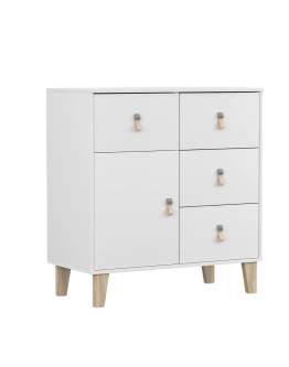 Komoda Figo 4S1D – bílá s dřevěnými nohami a koženými úchyty