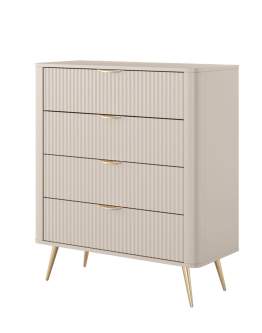 Komoda Lante L 4 szuflady beż – ryflowana komoda glamour ze złotymi uchwytami