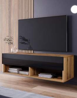 Szafka pod telewizor 100 cm wisząca/stojąca dąb wotan/czarny połysk Lowboard A (LOWA100WE)