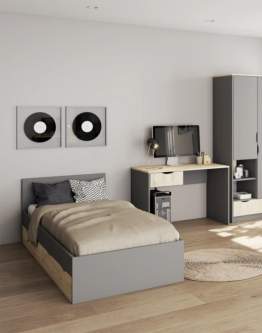 Jednoosobowe łóżko Joy z drabinkami i pojemnikiem szary, dąb artisan