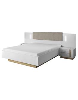 Zestaw Arco N+O – łóżko 160×200 z pojemnikiem + stoliki nocne z LED  biały połysk/dąb grandson