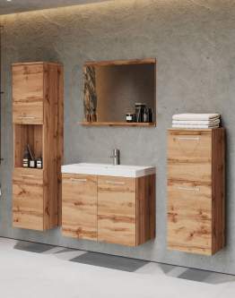 Zestaw mebli do łazienki: szafka pod umywalkę, słupek, półsłupek, lustro, umywalka Malo dąb wotan (MLBWW00)