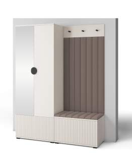 Kaszmirowy zestaw mebli do przedpokoju z siedziskiem, lustrem i uchwytami na niskich nóżkach Rayo 1 - Trinity 06