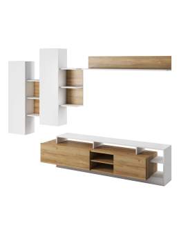 Set Alva, stejar grandson/alb: comodă TV + raft de perete + dulapuri suspendate
