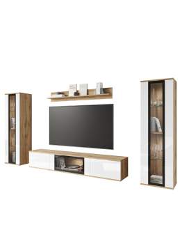 Zestaw mebli modułowych do salonu dąb wotan/biały połysk  - wiszące lub stojące (CAR01W0)