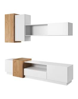 Set 3D alb/stejar artizanal: comodă TV + raft de perete + dulapuri suspendate
