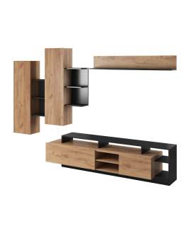 Set Alva, stejar artizanal/grafit: comodă TV + raft de perete + dulapuri suspendate