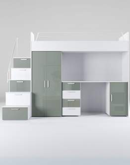 Patrová postel Raj 4 lesk - šatní skříň, psací stůl a schody s úložným prostorem