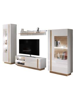 Set Arco, alb/stejar grandson: comodă TV + 2 vitrine + raft de perete