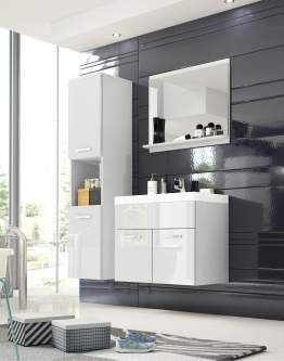 Set de baie suspendat: chiuvetă, mască pentru chiuvetă, dulap și oglindă Montreal, alb lucios