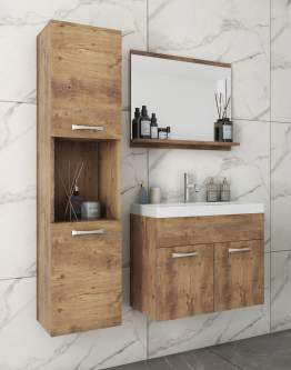 Podwieszany zestaw mebli do łazienki: słupek, szafka umywalkowa, umywalka Montreal kasztan (MOBXX00)