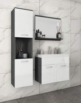 Set de baie suspendat: chiuvetă, mască pentru chiuvetă, dulap și oglindă Montreal, matera/alb lucios