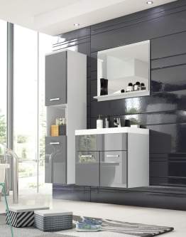 Podwieszany zestaw mebli do łazienki: słupek, szafka umywalkowa, umywalka Montreal biały/szary połysk (MOB0G00)