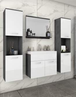 Set de baie suspendat: chiuvetă, mască pentru chiuvetă, 2 dulapuri și oglindă Montreal XL, matera/alb lucios