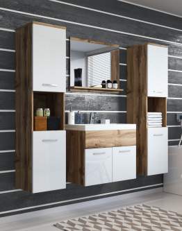 Set de baie suspendat: chiuvetă, mască pentru chiuvetă, 2 dulapuri și oglindă Montreal XL, wotan/alb lucios