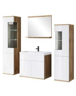 Meble do łazienki LED: szafka umywalkowa, słupek łazienkowy Nairobi biały połysk/dąb wotan (NAI04W0)