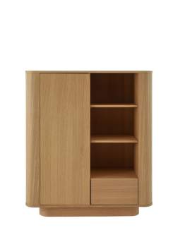Bibliotecă joasă cu ușă, sertar și rafturi deschise Navan, stejar natural (160 cm)