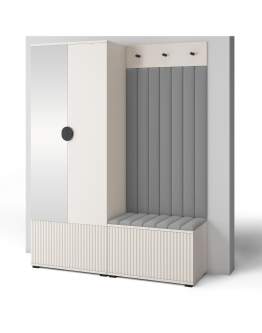 Kaszmirowy zestaw mebli do przedpokoju z siedziskiem, lustrem i uchwytami na niskich nóżkach Rayo 1 - Trinity 14