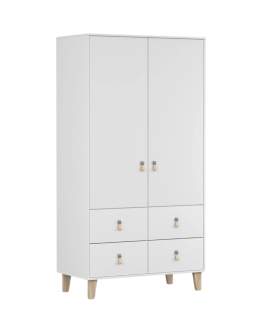 Šatní skříň Figo 4S2D – bílá s dřevěnými nohami a koženými úchyty