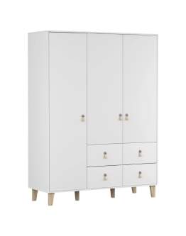 Szafa Figo 3D4S – biała z drewnianymi nogami i skórzanymi uchwytami